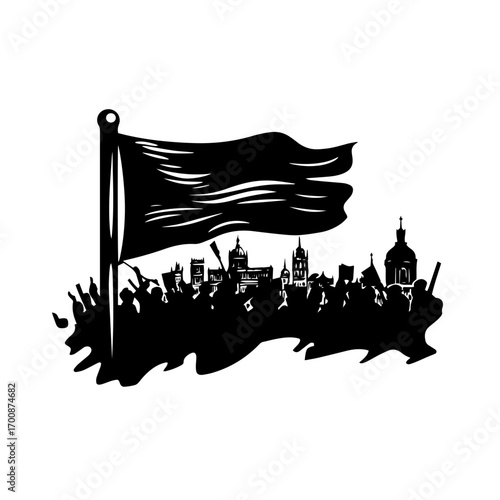 Waving protest flag over city skyline silhouette, crowd demonstration and activism vector illustration