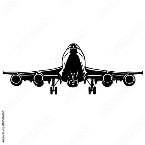 Passenger jet airplane front view silhouette in landing approach, commercial aviation vector illustration icon