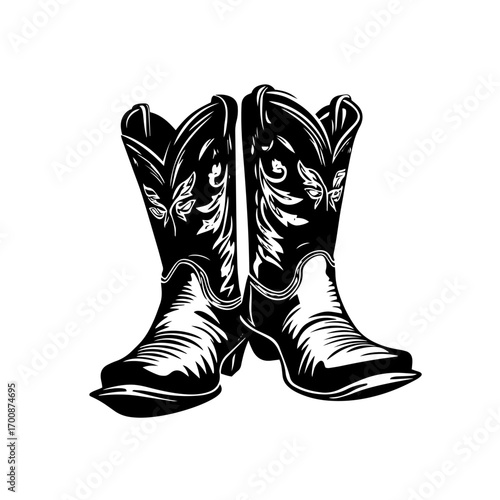 Classic western cowboy boots silhouette with floral embroidery, country style footwear vector illustration icon