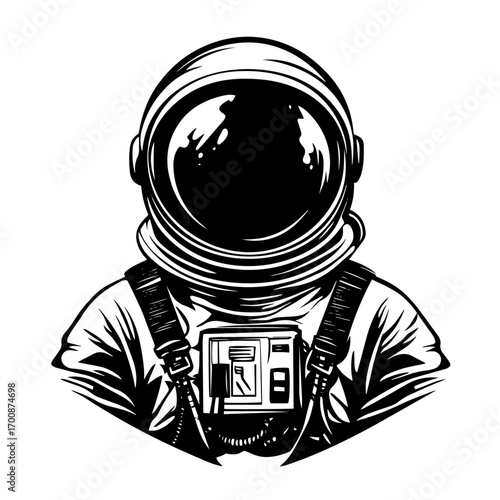Astronaut helmet silhouette of cosmic space explorer in full suit, bold science-fiction pioneer vector illustration icon