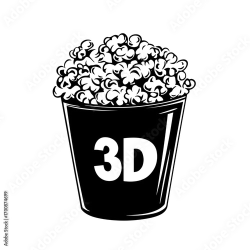 Movie theater 3D popcorn bucket silhouette overflowing with kernels, cinematic snack vector illustration icon