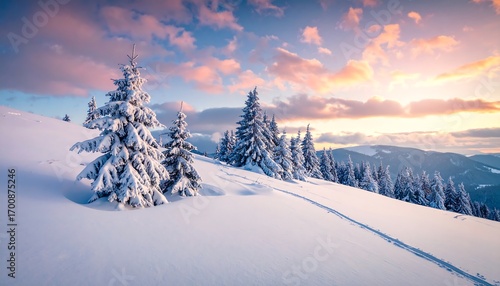 Snowy mountain landscape at sunrise, showcasing frosted evergreen trees on a gently sloping snow-covered hill, with a vibrant sky filled with colorful clouds.