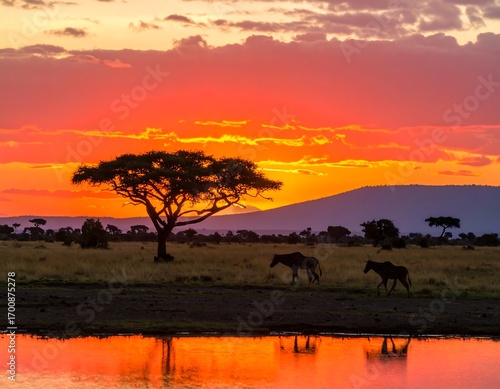 African sunset over savanna