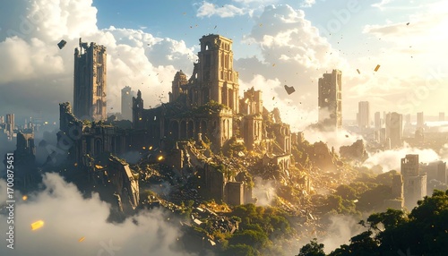 Ruined Castle Tower Overlooking City Skyline with Cloudy Sky and Fog