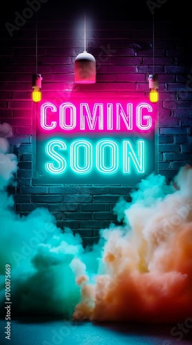 Seamless loop animation featuring multicolored smoke clouds drifting in front of a glowing neon 'Coming Soon' sign on a brick wall. Perfect for looping visual backgrounds and motion graphics.