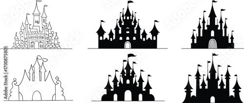 Fantasy castle silhouettes and outlines, medieval fortress towers, fairytale palace spires, black and white architecture, vector illustration, whimsical design elements