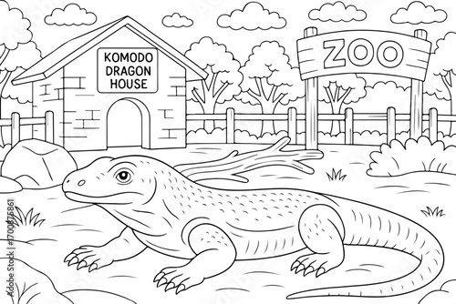hand drawn vector doodle illustration of komodo dragon house coloring page for kids line art