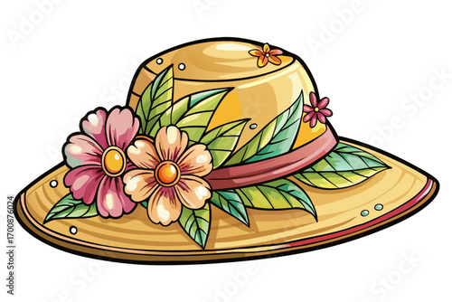 vector of wide brim, suitable for sun protection; delicate flower decoration; A good option for a trip to the beach or sunny days.