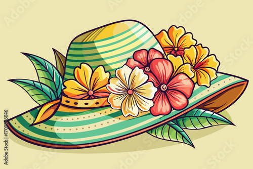 vector of wide brim, suitable for sun protection; delicate flower decoration; A good option for a trip to the beach or sunny days.