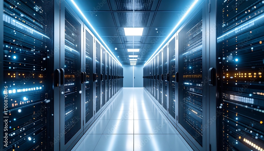 Fototapeta premium Server Room Corridor with Data Storage Racks and Bright Lighting