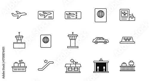 Vector icon sheet of airport and travel essentials including airplane, passport, ticket, taxi, escalator, luggage, and control tower for aviation, journey planning, and tourism