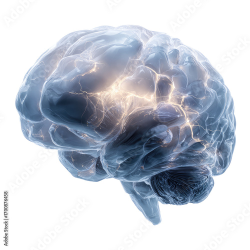 Translucent 3D human brain, glowing neural activity