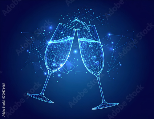 Glowing Wireframe Champagne Flutes Clinking with Splashes on Blue Background