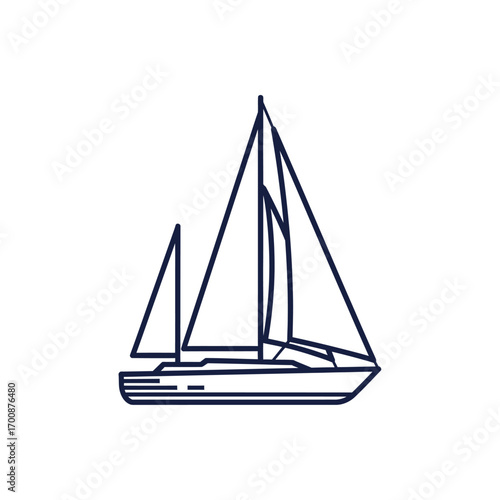 Vector minimalist line art illustration of sailboat with sails up symbolizing travel, adventure, tourism, exploration, journey, freedom, ocean lifestyle, and nautical holidays