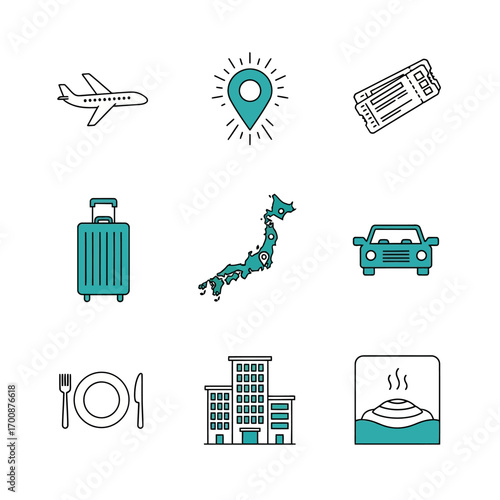 Vector icon sheet of travel and tourism icons including airplane, suitcase, car, Japan map, location pin, ticket, hotel, restaurant, and hot spring representing vacations