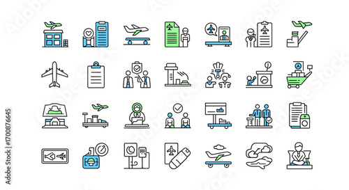 Vector icon sheet of colorful flat icons collection representing business, technology, travel, and healthcare themes for multipurpose corporate, digital, and lifestyle design use