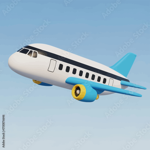 Vector illustration of 3D airplane with blue wings and yellow accents flying in sky symbolizing travel, aviation, exploration, airline branding, tourism, and business flights