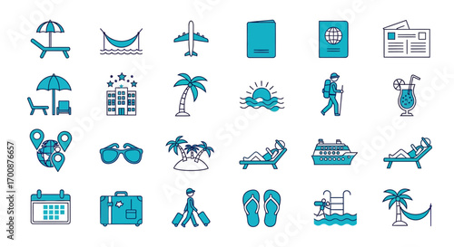 Vector icon sheet of colorful travel and vacation icons including beach, hotel, flight, palm trees, luggage, and leisure elements for tourism, holiday, and adventure design themes