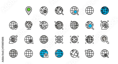 Vector icon sheet of globe and world map icons representing global location, search, data visualization, geography, network, navigation, and worldwide travel planning