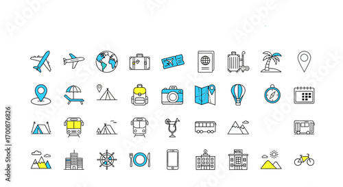 Vector icon sheet of travel and vacation elements including airplane, luggage, map, landmark, transportation, and holiday symbols representing adventure, exploration, and tourism