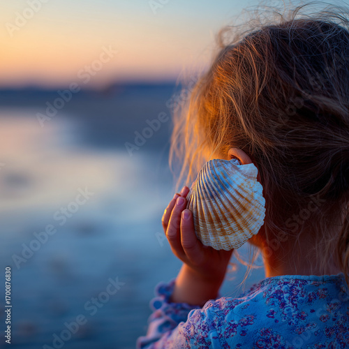  Child Holding Seashell to Ear at Beach