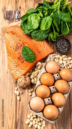 Salmon, spinach, eggs, nuts, B12, healthy foods on a wooden table