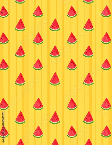 Watermelon slices pattern on yellow striped background