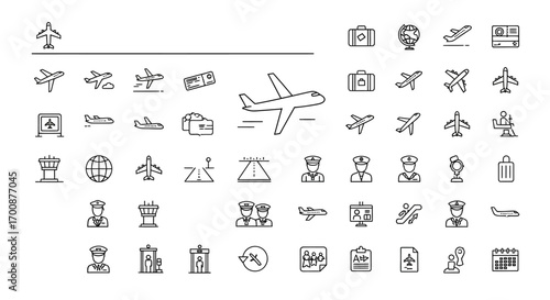 Vector icon sheet of airplane and travel elements including luggage, airport tower, pilots, tickets, and boarding passes for aviation, tourism, journey planning, and transport