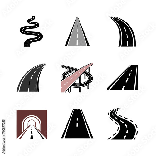 Vector icon sheet of nine road and highway symbols including straight highways, winding roads, interchanges, and curved paths for navigation, transport, mapping, and logistics