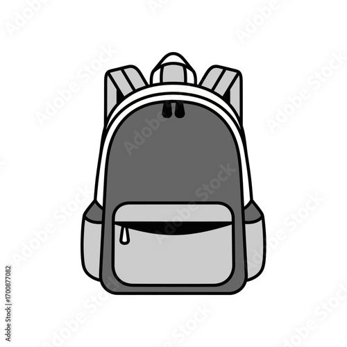 Vector illustration of modern gray backpack with zippers and front pocket for school, travel, work, leisure, tourism, luggage, lifestyle, education, and minimalist accessory themes