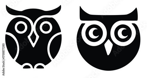 A funny, cute, black and white cartoon owl character with big eyes, a happy face, and a funny design is on a white backgroundA funny, cute, black and white cartoon owl character with big eyes, a happy