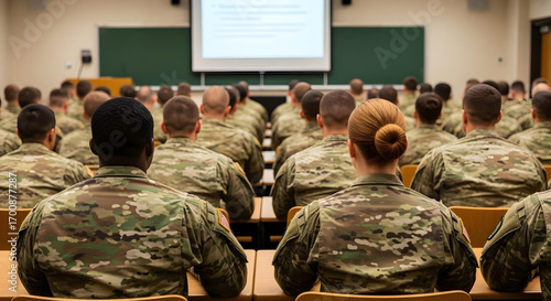  Classroom of military trainees in camouflage uniforms, focusing on front-row students