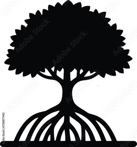 vector silhouette, mangrove tree with stilt roots, compact canopy, solid black