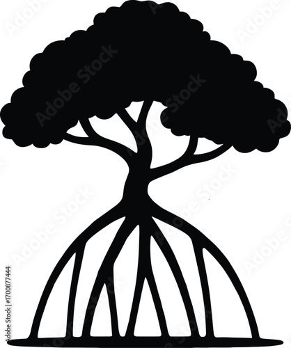 vector silhouette, mangrove tree with stilt roots, compact canopy, solid black