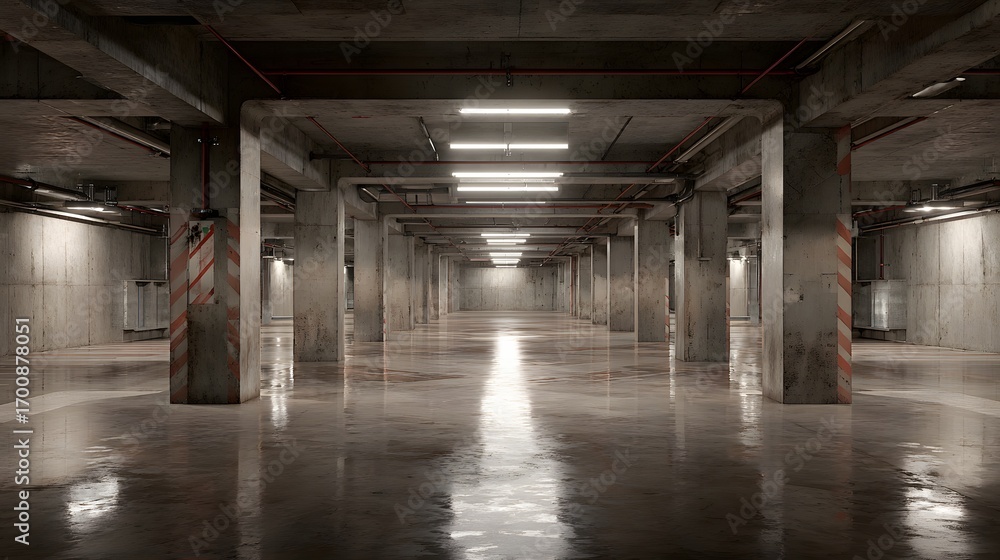 Obraz premium Empty concrete parking garage with wet floor and overhead lights, urban infrastructure