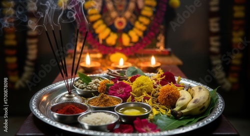 Sacred Hindu Puja Thali: Traditional Indian religious offerings with burning incense, glowing diyas, and fresh flowers arranged for spiritual worship.