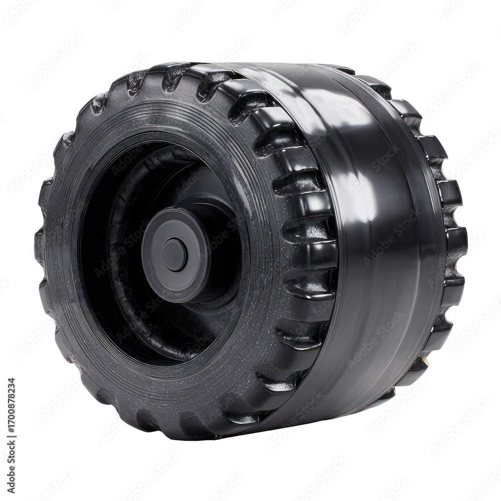 Obraz premium Close-up of a black tire, likely for a toy vehicle. Deep treads, multiple layers, and a central hub