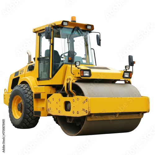 Yellow road roller construction vehicle isolated on white background