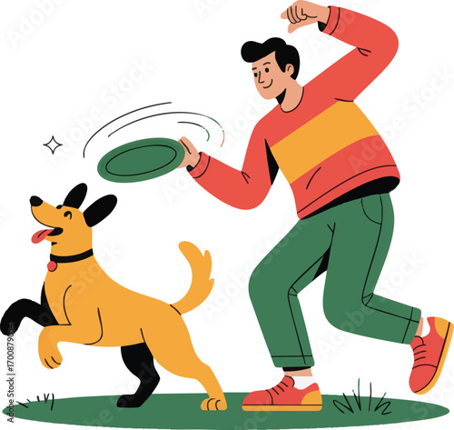 A cheerful dog owner playing fetch with pet vector file