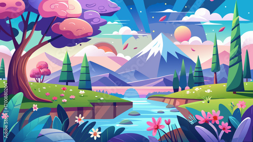 A breathtaking nature spring day in flat design, rolling green hills under a clear sky, cherry blossoms drifting, wildflowers blooming brightly, aesthetic and epic atmosphere capturing renewal and ser