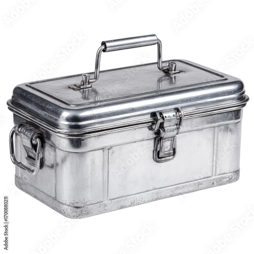 A rectangular, metallic box with a lid and handles