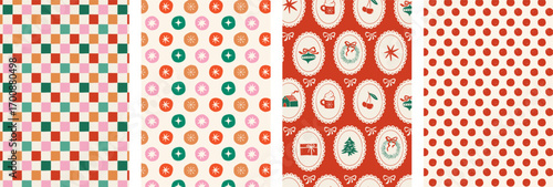 Hand drawn Christmas backgrounds set with retro patterns for cards, banners, and prints.