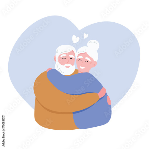 Elderly couple hugging, smiling, caring for each other. Romantic relationship of old people. Vector flat graphic.