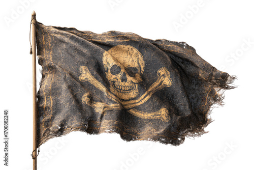 Aged pirate flag billowing in the wind.  Dark, weathered fabric with a faded skull and crossbones design.  Frayed edges