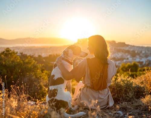 Woman and dog at sunset overlooking city
