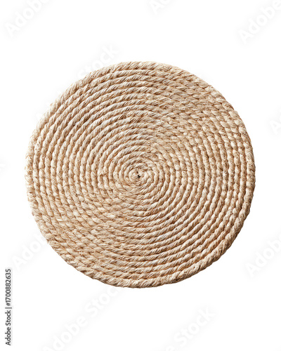Round, light beige placemat or coaster.  Woven from thin, natural-colored cords in a spiral pattern, creating a textured, circular design.  Flat, top-down view