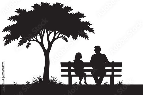 Silhouette of man and child on park bench under tree