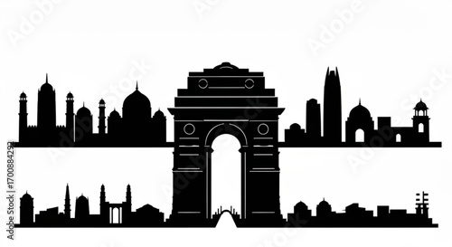 Silhouette of delhi skyline with india gate and various buildings in black and white landscape view created with generative ai