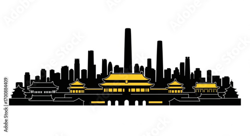Silhouette of a city skyline with traditional buildings and modern skyscrapers in black and gold tones created with generative ai