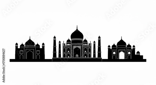 Silhouette of taj mahal with domes and minarets against a white background showing indian architecture created with generative ai
